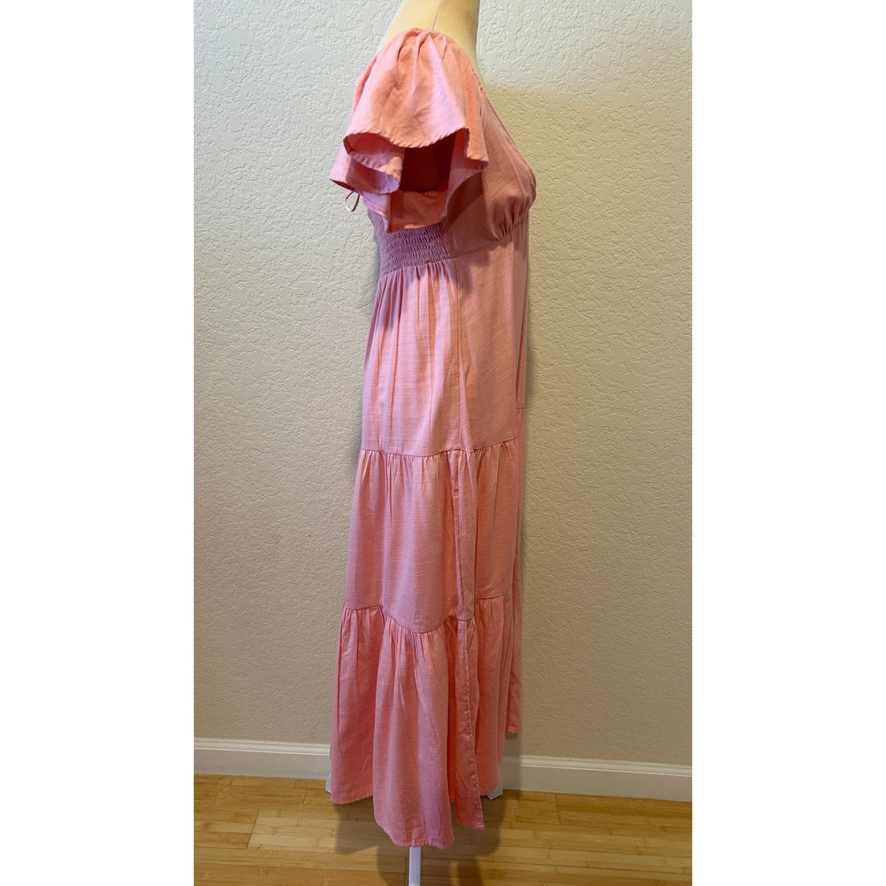 Billabong Maxi Dress Size M Pink Tiered Flutter Sleeve Smocked Boho Baby Shower - Picture 2 of 8